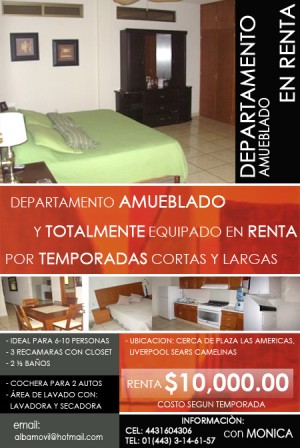 ARBE INMOBILIARIA Avisos dse propiedades en Mexico en M&eacute;rida |  RENTO DEPARTAMENTO AMUEBLADO EN MORELIA, POR TEMPORADAS, TEMPORADAS CORTAS O LARGAS, VACACIONES O NEGOCIOS
